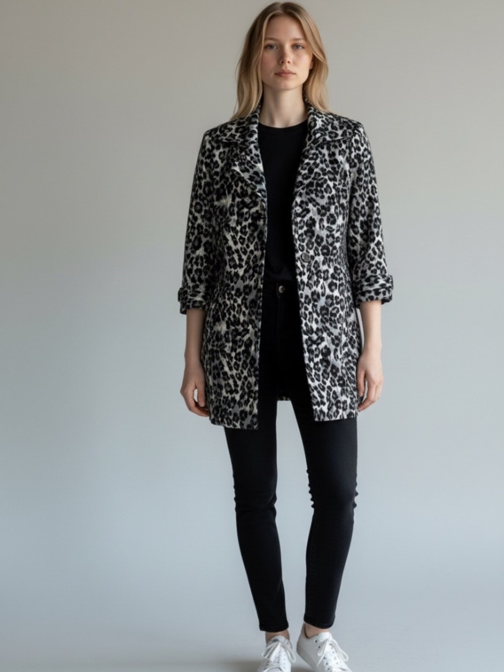 Forever 21 Snow Leopard Print Trench Coat Long Jacket Cheetah Animal Fall Winter - Picture 1 of 7